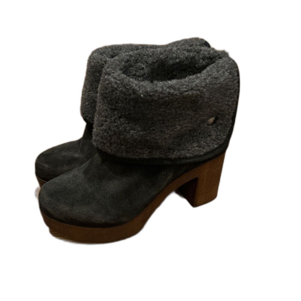 Eric Michael Boots Womens 6 Faux Fur Fold Over Black Suede Wood Heel Size 36